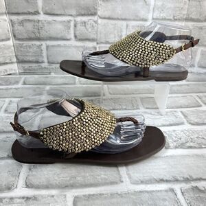 BCBG Generation Women's 8.5 Brown Leather Gold Studded Thong Ankle Strap Sandals